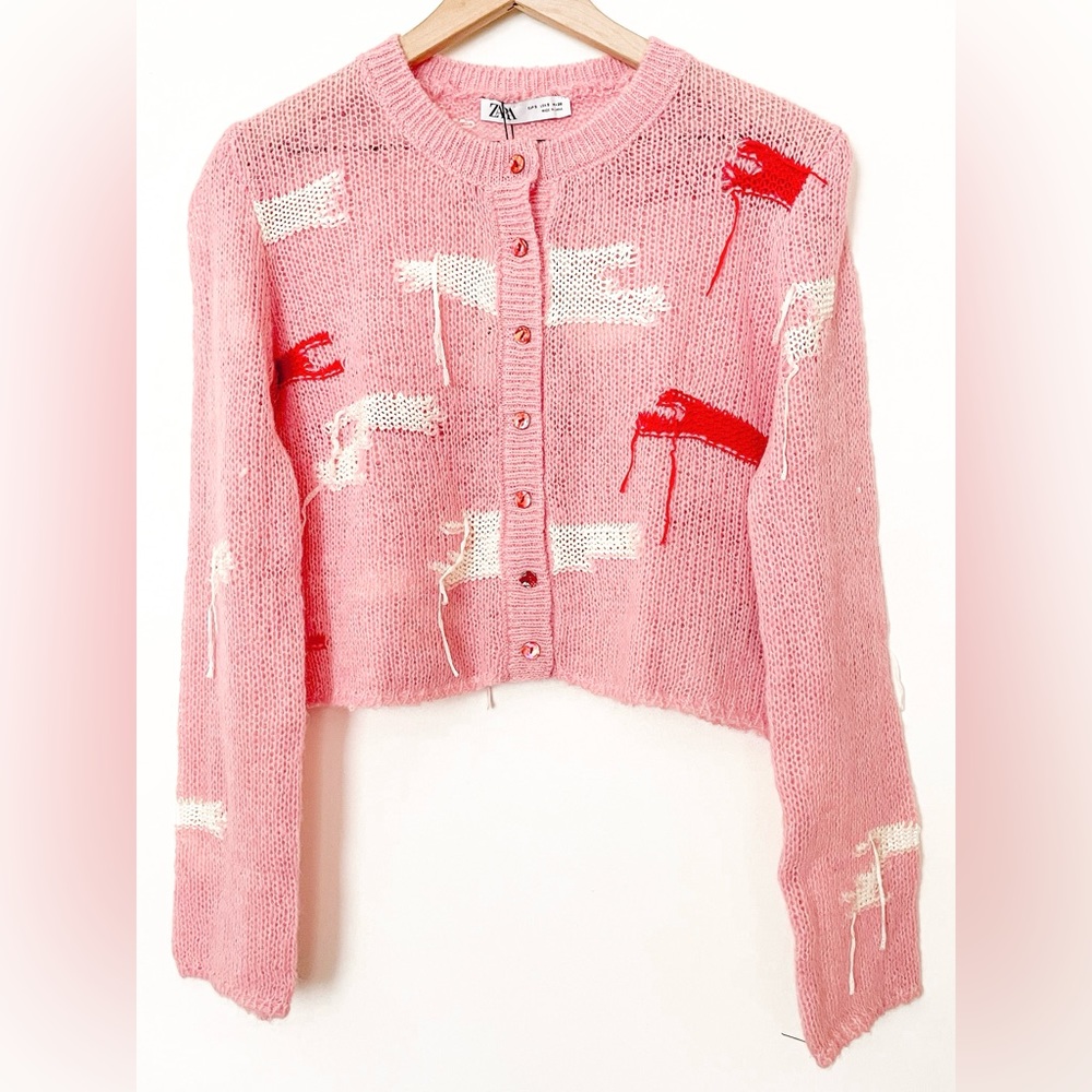 ZARA NEW WOMAN SS23 PINK JACQUARD KNIT CARDIGAN 1957/104 - Picture 2 of 11